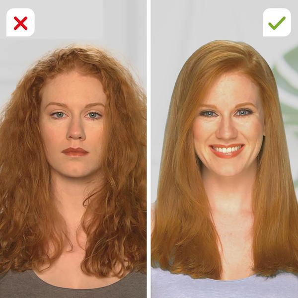 Vorher-nachher-Vergleich mit Ins tyler Straight Up: glattes, glänzendes Haar in wenigen Minuten.